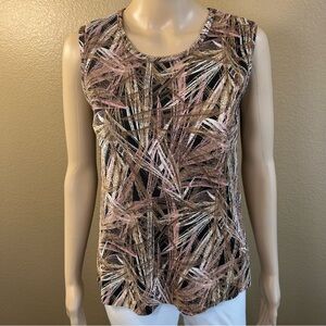 Dressbarn Vintage Black Brown Abstract Leaf Tank Top 100% Polyester Ribbed sz L